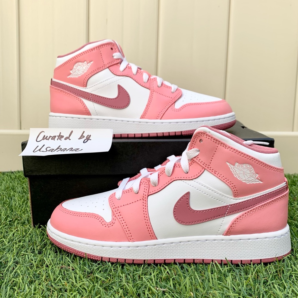Nike air Jordan 1 mid GS pink white shoes - Picture 2 of 5